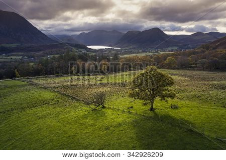 Stunning Aerial Drone Autumn Fall Landscape Image Of View From Low Fell In Lake District Looking Tow