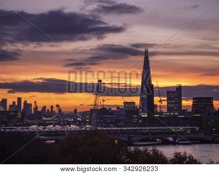 Majestic Dawn Sunrise Landscape Cityscape Over London City Sykline Looking East Along River Thames