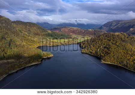 Beautiful Aerial Drone Landscape Image Of Glorious Autumn Fall Sun Over Thirlmere In Lake District