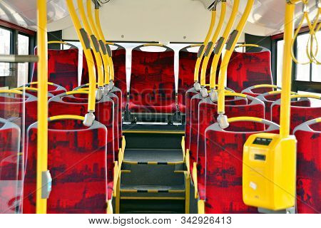 Warsaw, Poland. 4 February 2018.interior Of A City Bus. Ricket Validator And Ticket Sales Machine