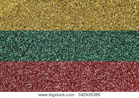Lithuania Flag Depicted On Many Small Shiny Sequins. Colorful Festival Background For Party