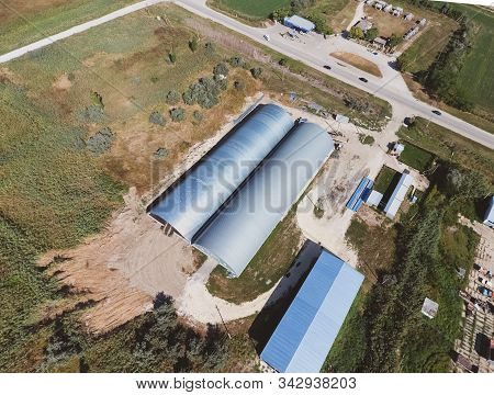 Top View Of The Hangars. Hangar Of Galvanized Metal Sheets For The Storage Of Agricultural Products 