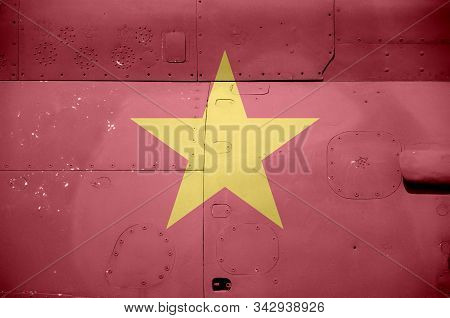 Vietnam Flag Depicted On Side Part Of Military Armored Helicopter Closeup. Army Forces Aircraft Conc