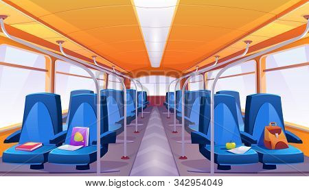 School Bus Interior With Blue Seats. Vector Cartoon Empty Passenger Cabin Of Public City Transport I