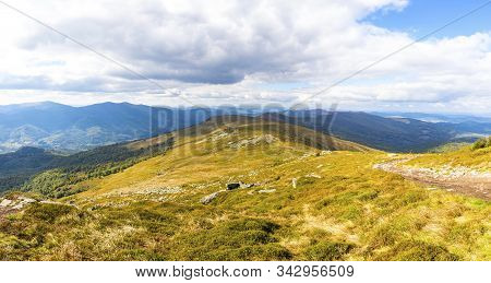 Picturesque Panoramic Landscape Of Carpathian Mountains In Early Autumn. View From Mount Pikui (1405