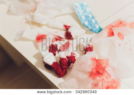 Garbage With Blood At Surgery. Image Wit Shallow Dof.