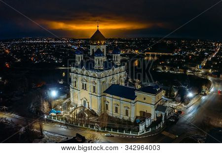 Ascension Cathedral At Night, Aerial View. Yelets, Lipetsk Region Russia
