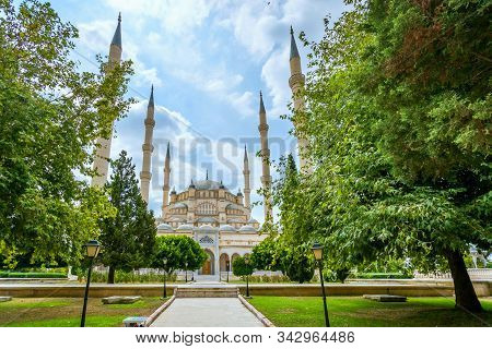 Panoramic View Of Turkeys Largest Sabanci Central Mosque In Adana Among Bright Foliage Of Trees And 