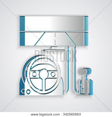 Paper Cut Racing Simulator Cockpit Icon Isolated On Grey Background. Gaming Accessory. Gadget For Dr