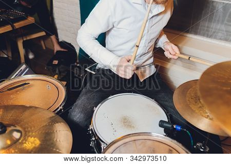 Modern Drum Set In Studio Prepared For Playing.