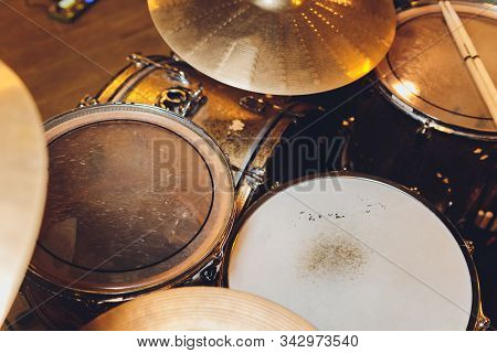 Modern Drum Set In Studio Prepared For Playing.