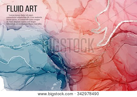Vector Contrast Red Blue Rose Silver Marble Poster, Alcohol Ink Greeting Card, Website Banner, Abstr