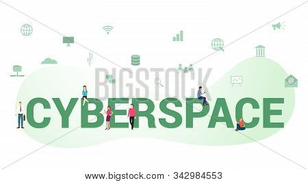 Cyberspace Iconcept With Big Word Or Text And Team People With Modern Flat Style - Vector Illustrati