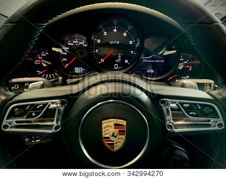 VALENCIA, SPAIN - JANUARY 3: interior detail of porsche Carrera 4 gts sport car on January 3, 2020 in Valencia, Spain