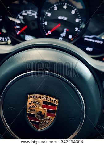 VALENCIA, SPAIN - JANUARY 3: interior detail of porsche Carrera 4 gts sport car on January 3, 2020 in Valencia, Spain