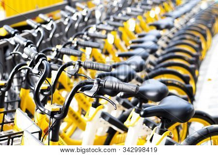 December 2019 Guangzhou China Rental Bikes Found Along The Main Street To Serve Public And Connect F
