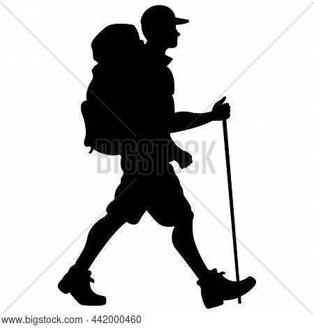 A Drover With A Backpack In A Cap, Black Silhouette On A White Background. Go Outdoors For A Walk In