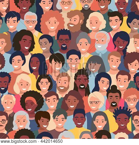 Seamless Pattern With People Faces Of Different Ethnicity And Ages. Parade Or Meeting Crowd, Men And