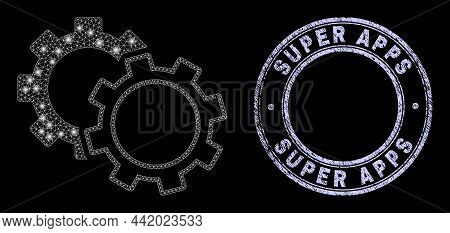 Illuminated Polygonal Mesh Net Cogs Icon With Glitter Effect On A Black Background With Round Super 