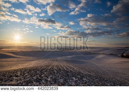 Winter Landscape In South Moravia In The Czech Republic In Europe. Vineyards After Winter In Palava.