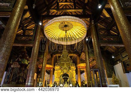 Chiang Mai, Thailand - 19 August 2020: Big Umbrella At Wat Phra That Sri Chom Thong Vora Vihan In Ch