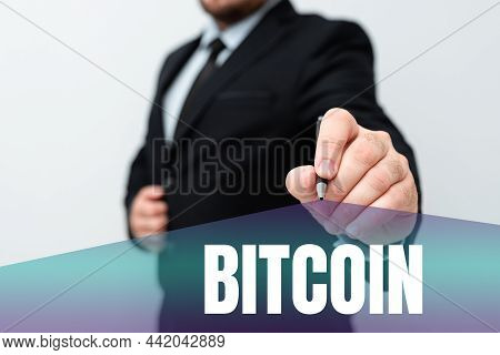 Text Showing Inspiration Bitcoin. Internet Concept Cryptocurrency Blockchain Digital Currency Tradea
