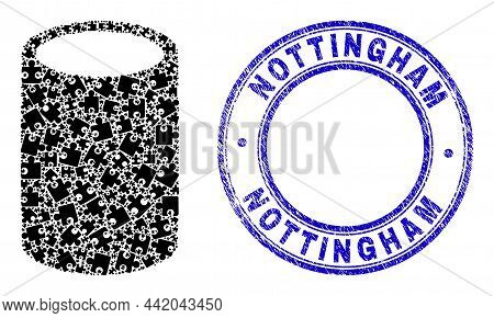 Puzzle Cylinder Mosaic Icon And Nottingham Stamp. Blue Vector Round Grunge Seal Stamp With Nottingha