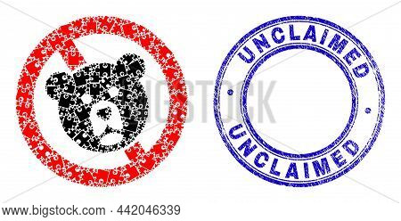 Puzzle Stop Bear Mosaic Icon With Unclaimed Stamp. Blue Vector Rounded Distress Stamp With Unclaimed