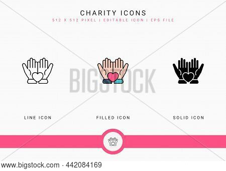 Charity Icons Set Vector Illustration With Solid Icon Line Style. Back Give Solidarity Concept. Edit