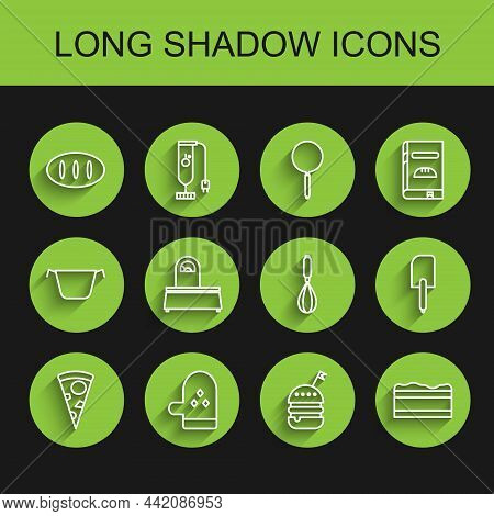 Set Line Slice Of Pizza, Oven Glove, Bread Loaf, Burger, Brownie Chocolate Cake, Scales, Spatula And