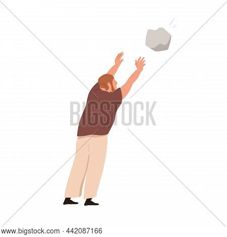Man Throwing Big Stone. Angry Aggressive Person Casting Rock, Attacking Smb. Violence And Offense Co