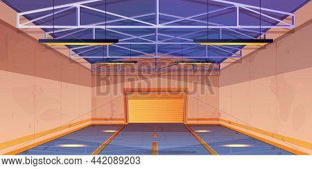 Empty Warehouse Interior With Illuminating Lamps On Ceiling. Garage Storage With Rolling Shutter Gat