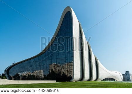 Baku, Azerbaijan - May 14, 2019. Exterior View Of Heydar Aliyev Complex Building In Baku. Designed B