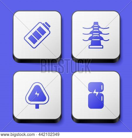 Set Battery Charge, Electric Tower Line, High Voltage And Refrigerator Icon. White Square Button. Ve