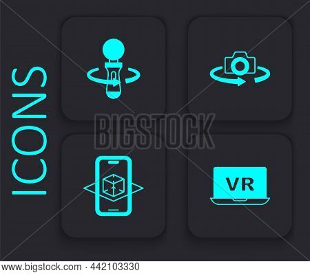 Set Virtual Reality, Vr Controller Game, 360 Degree View And 3d Modeling Icon. Black Square Button. 