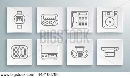 Set Line 80s Retro, Pager, Old Video Cassette Player, Home Stereo With Two Speakers, Waist Bag Of Ba