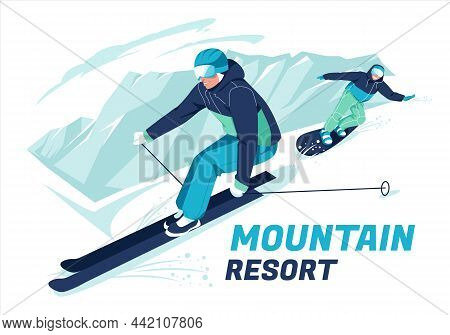 Scene Of Skier And Snowboarder Skiing On Snow-covered Mountain Slopes Or Slopes. Outdoor Winter Spor