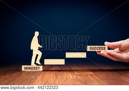 Change Mindset Lead To Be Successful. Concept With Wooden Pieces Of Blocks And Person Representing S