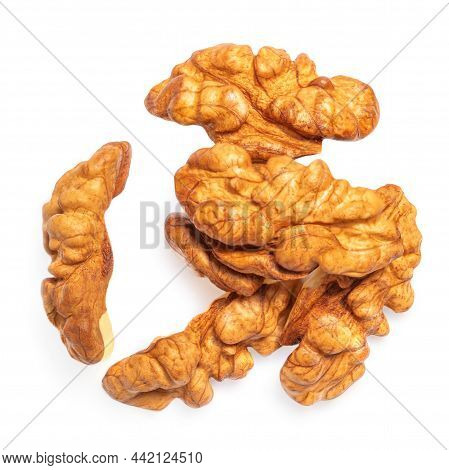 Walnut Isolated. Pile Of Walnut Kernel Nut  On White Background. Top View. Flat Lay