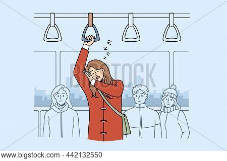 Feeling Sleepy In Public Transport Concept. Young Woman Cartoon Character Standing Trying To Sleep I