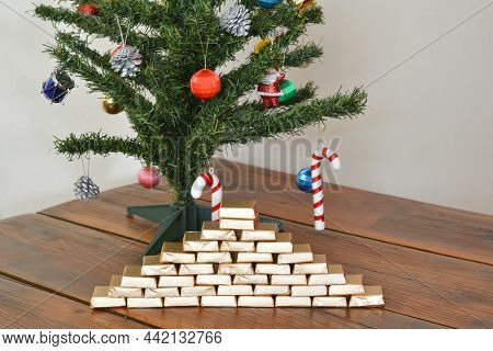 Christmas. Decorative Christmas Tree With Branches In Green And Accessories And Various Types Of Dec