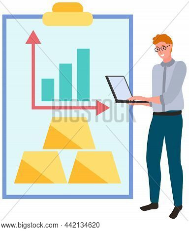 Businessman With Laptop Working With Finance, Funds And Profit Growth. Accumulating And Collecting M