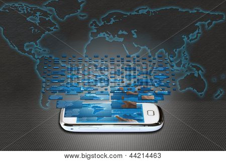 Mobil telefon med verden Atlas baggrund