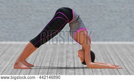 3d Illustration Of Virtual Woman In Yoga Dolphin Pose With A Clear Wood Floor On A Blurry Background
