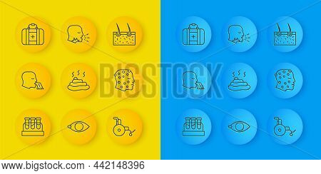 Set Line Test Tube With Blood, Vomiting Man, Shit, Wheelchair, Psoriasis Or Eczema Rash, First Aid K