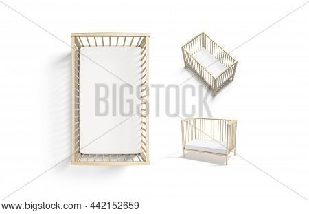 Blank Wood Cot With White Crib Sheet Mockup, Different Views, 3d Rendering. Empty Rectangle Protecti