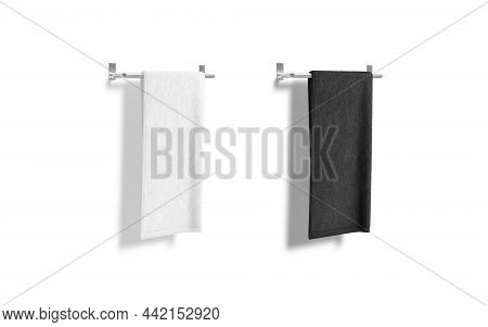 Blank Black And White Towel On Heated Rail Mockup, Isolated, 3d Rendering. Empty Fabric Jack-towel O