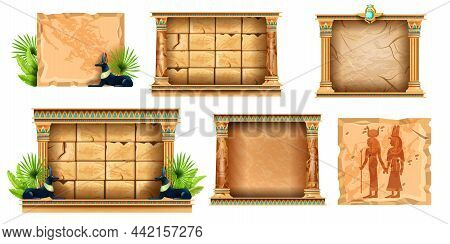Egypt Game Frame Ui Vector Set, Stone Sign Board, Brick Egyptian Temple Wall, Vintage Column Ornamen
