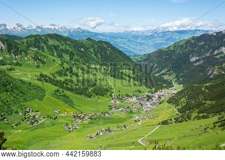 Aerial View Over Malbun Village Of Liechtenstein.