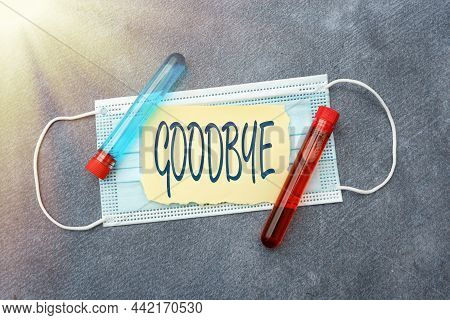 Sign Displaying Goodbye. Word Written On Used To Express Good Wishes When Parting Or End Of A Conver